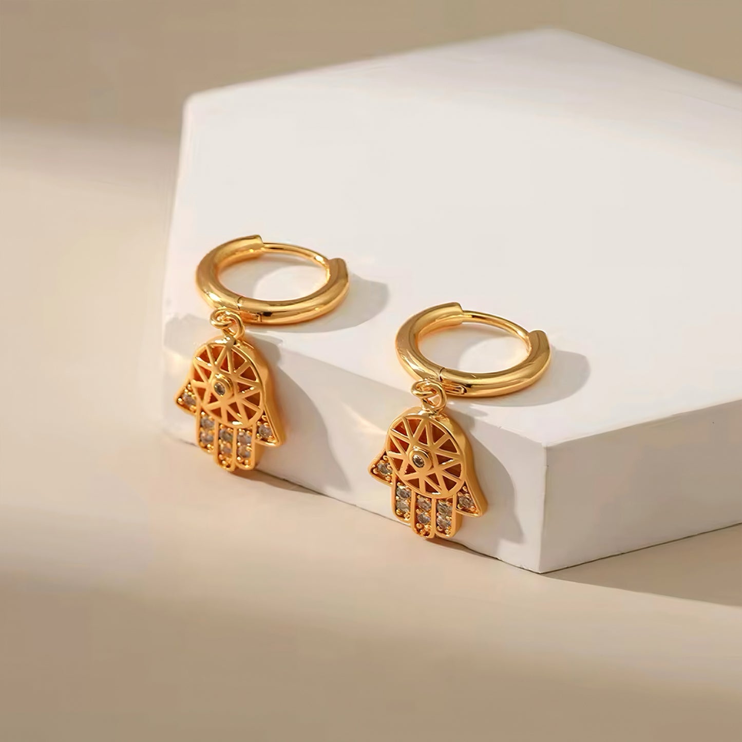 Mystic Hand Hamsa Hoop Earrings in 18K gold plating with crystal accents – symbolic protective charm design by Mia Promise 00076