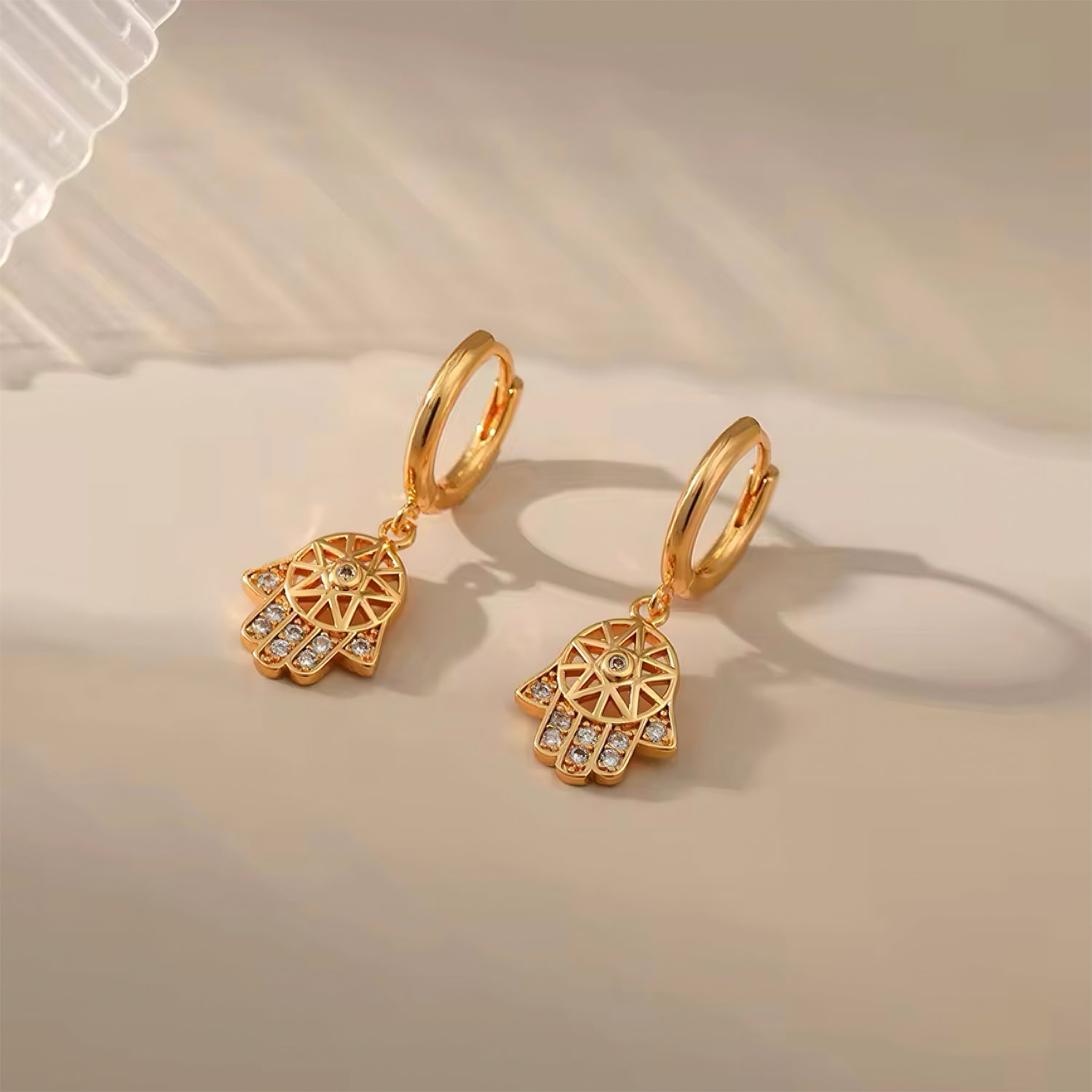 Mystic Hand Hamsa Hoop Earrings in 18K gold plating with crystal accents – symbolic protective charm design by Mia Promise 00077