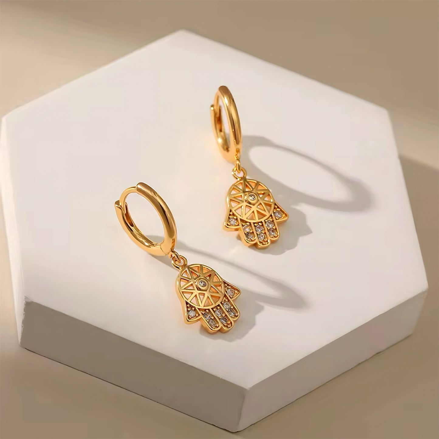 Mystic Hand Hamsa Hoop Earrings in 18K gold plating with crystal accents – symbolic protective charm design by Mia Promise 00078