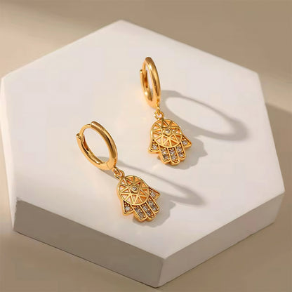 Mystic Hand Hamsa Hoop Earrings in 18K gold plating with crystal accents – symbolic protective charm design by Mia Promise 00078