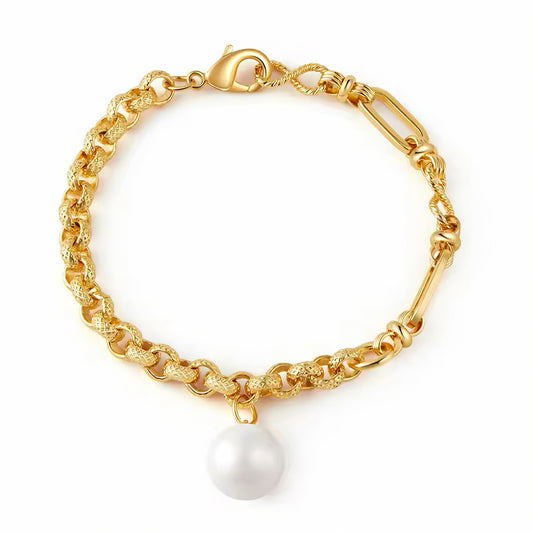 18K gold-plated chain bracelet with white pearl pendant, perfect for stacking or wearing alone 00015