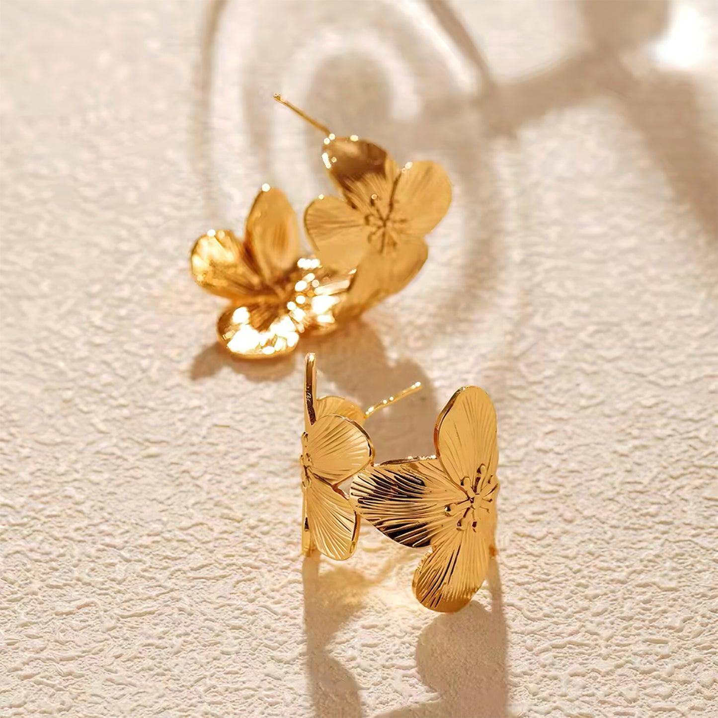 Petal Rise Hoop Earrings with sculpted gold-plated petals – floral statement earrings inspired by spring bloom, by Mia Promise 00086