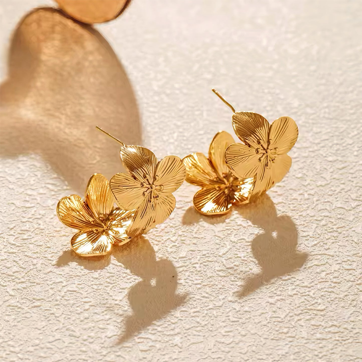 Petal Rise Hoop Earrings with sculpted gold-plated petals – floral statement earrings inspired by spring bloom, by Mia Promise 00087