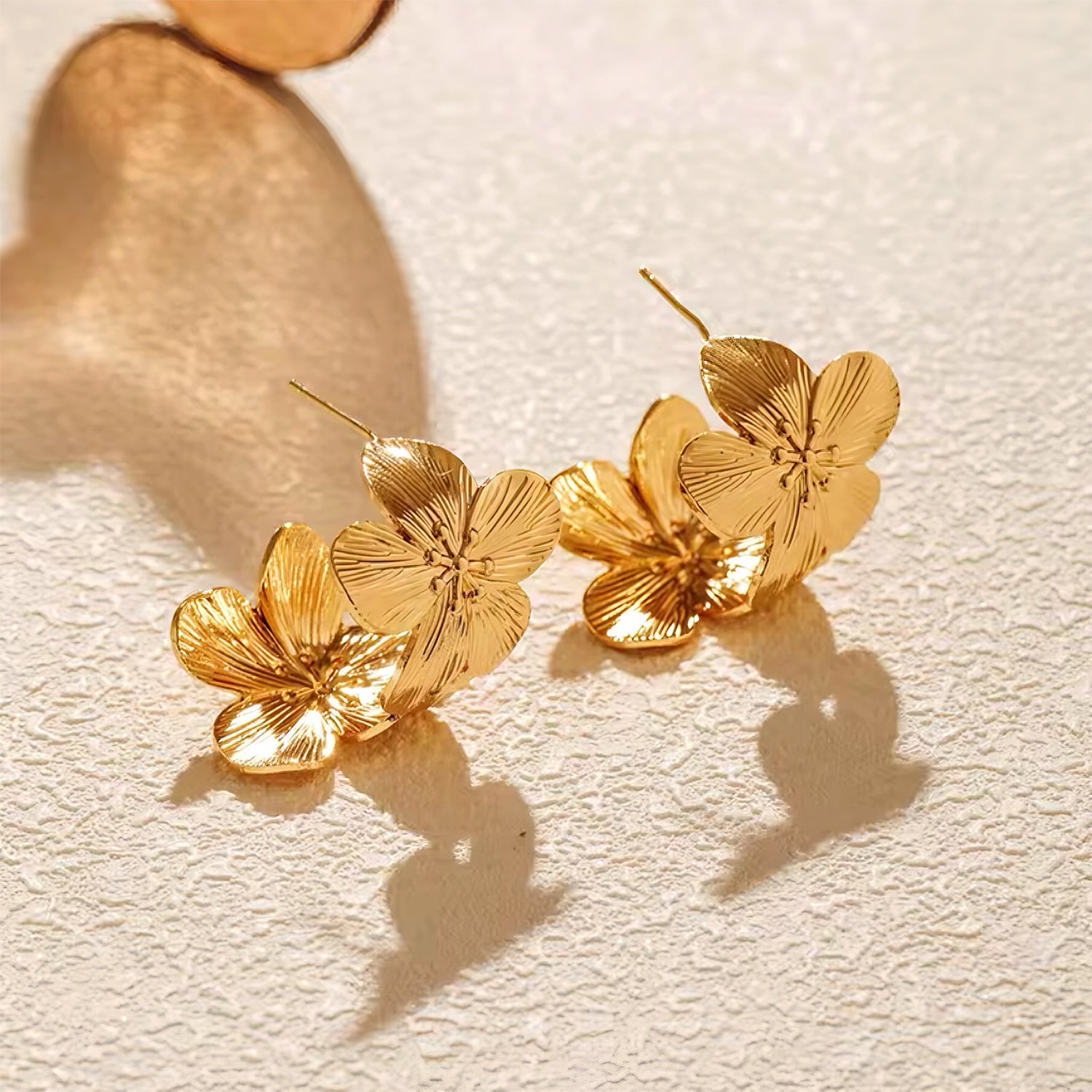 Petal Rise Hoop Earrings with sculpted gold-plated petals – floral statement earrings inspired by spring bloom, by Mia Promise 00087