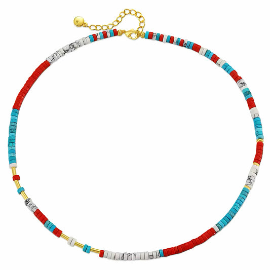 Handmade colorful beaded necklace with gold-tone accents, perfect for beachwear and summer style 00043