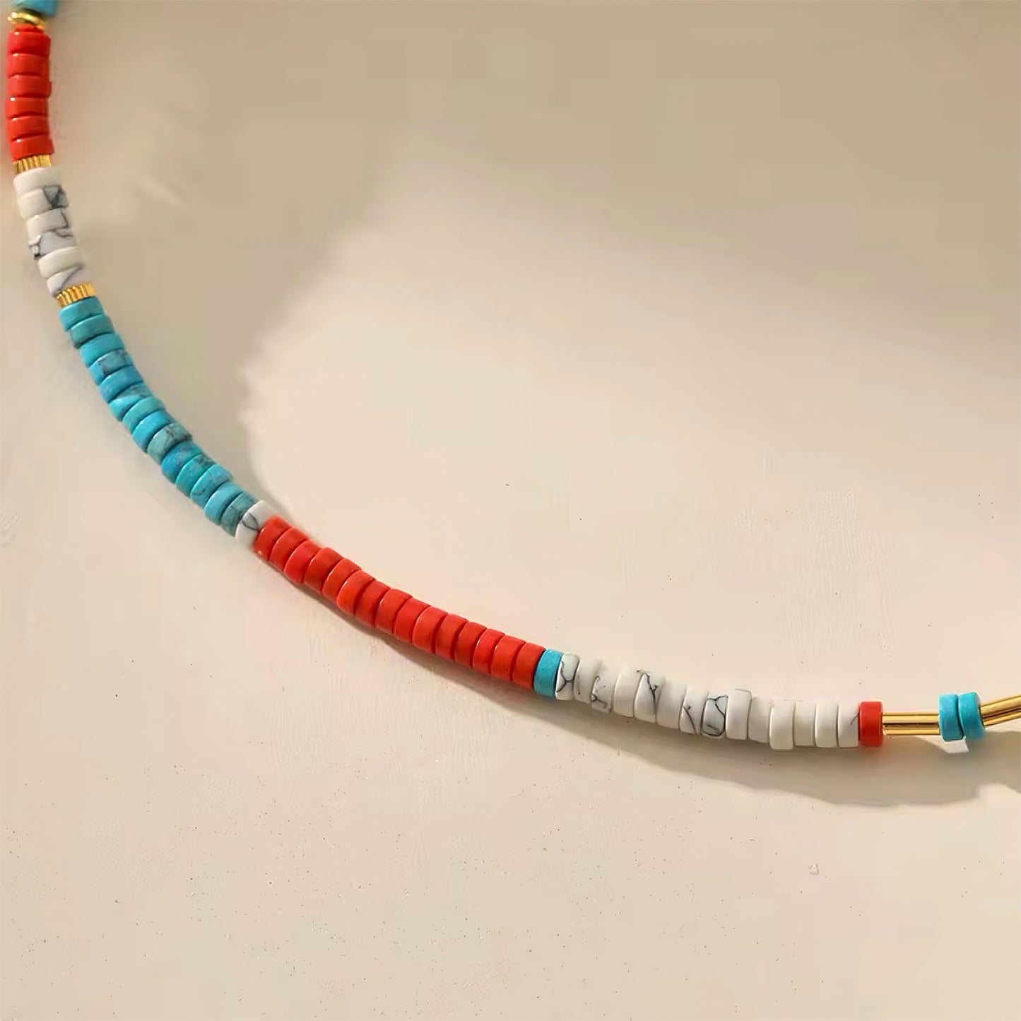Handmade colorful beaded necklace with gold-tone accents, perfect for beachwear and summer style 00044