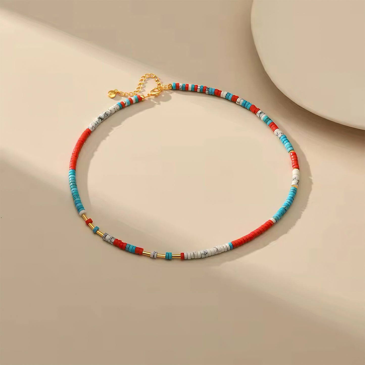 Handmade colorful beaded necklace with gold-tone accents, perfect for beachwear and summer style 00045