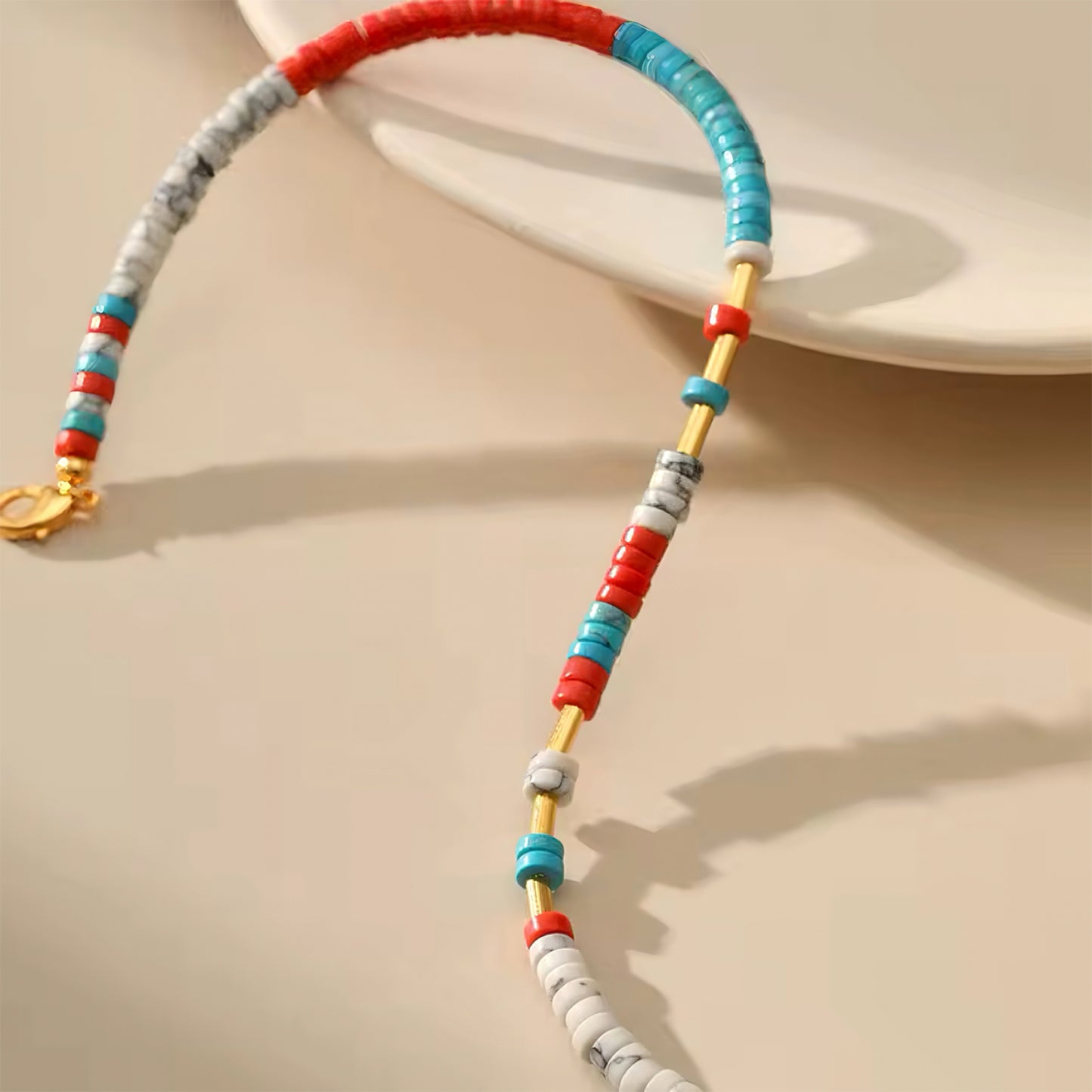 Handmade colorful beaded necklace with gold-tone accents, perfect for beachwear and summer style 00046