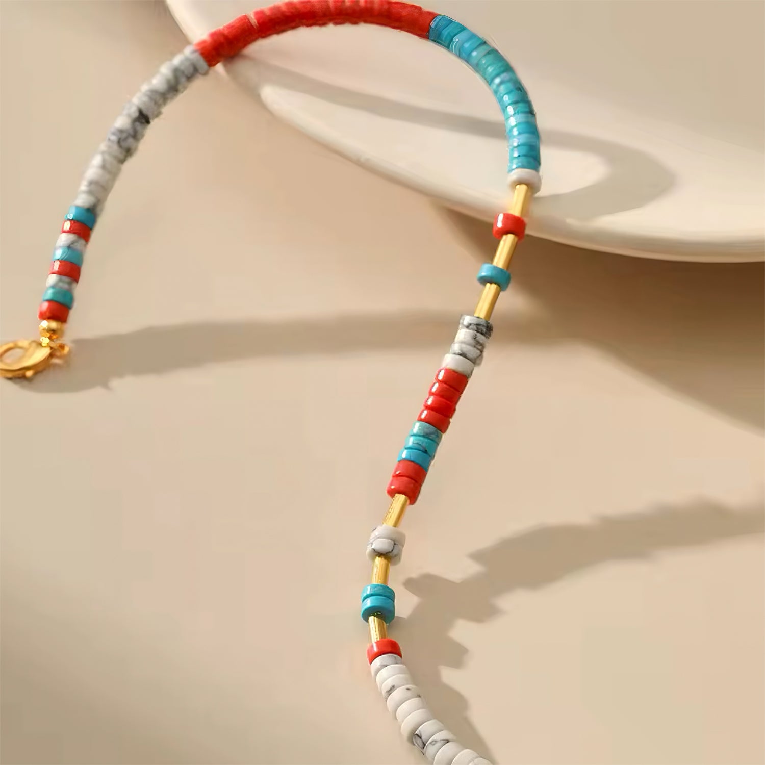 Handmade colorful beaded necklace with gold-tone accents, perfect for beachwear and summer style 00046