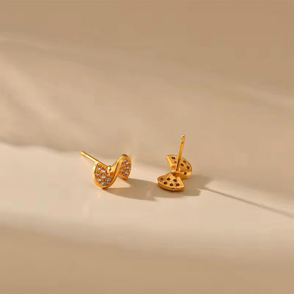Ribbon Glow Stud Earrings with cubic zirconia – elegant gold ribbon design, perfect for everyday wear 00065