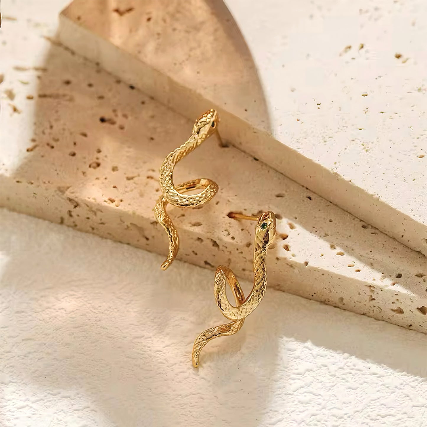 Serpent Elegance Hoop Earrings with 18K gold plating and green gemstone – snake-inspired statement earrings by Mia Promise 00080