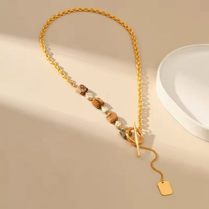 Sierra Trail Necklace with custom engraving tag and natural stone beads on gold chain 00047