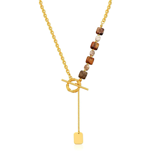 Sierra Trail Necklace with custom engraving tag and natural stone beads on gold chain 00048