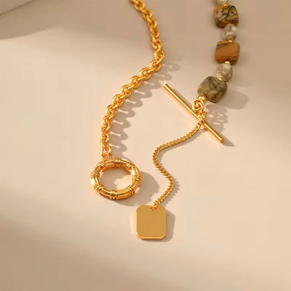 Sierra Trail Necklace with custom engraving tag and natural stone beads on gold chain 00049