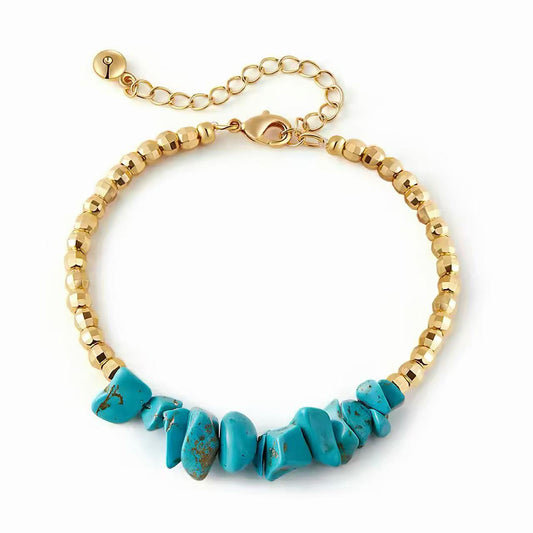 Bohemian-style bracelet with natural turquoise stones and gold hexagonal beads, adjustable for layering 00019