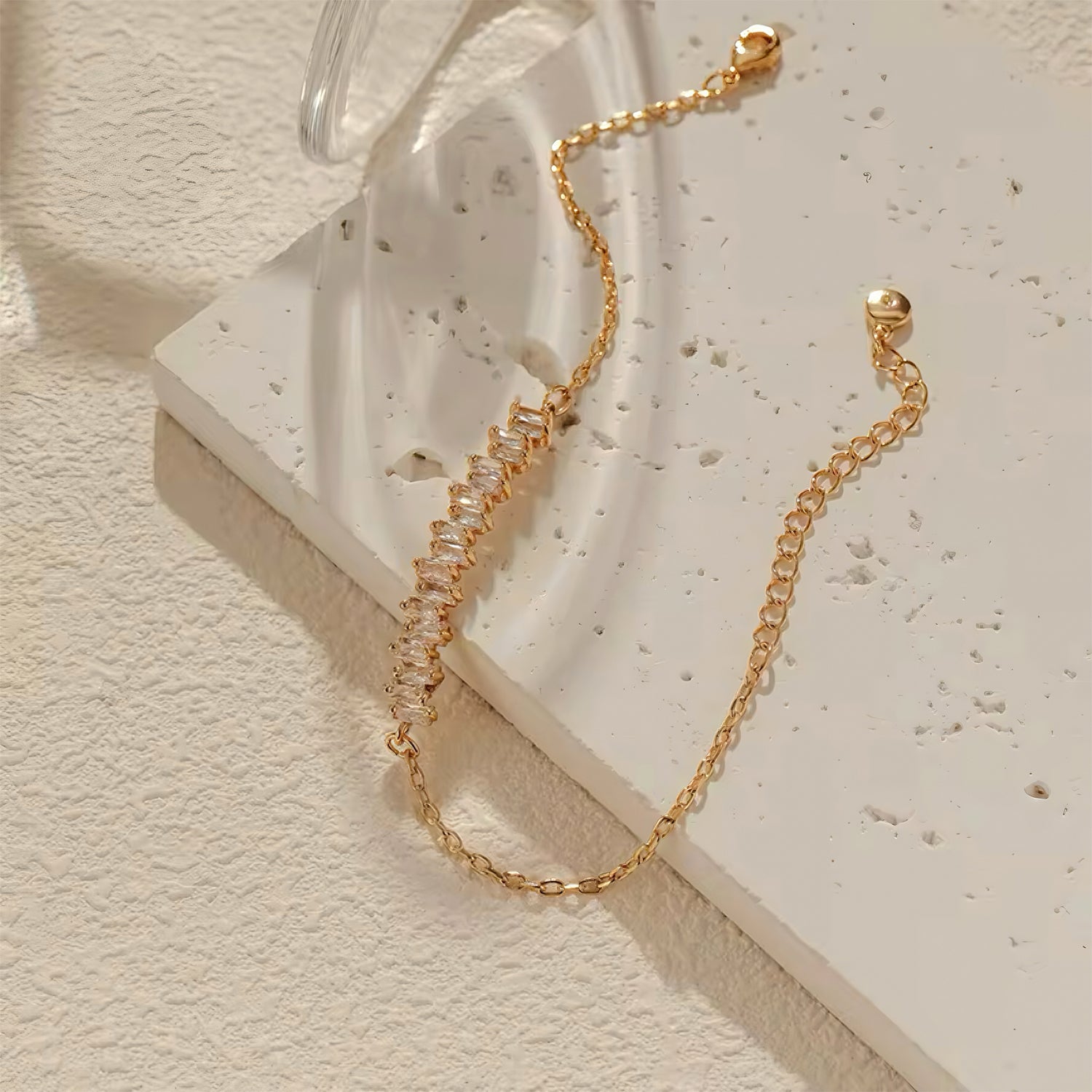 Gold chain bracelet with baguette-cut crystals, delicate and stackable design for everyday sparkle 00034