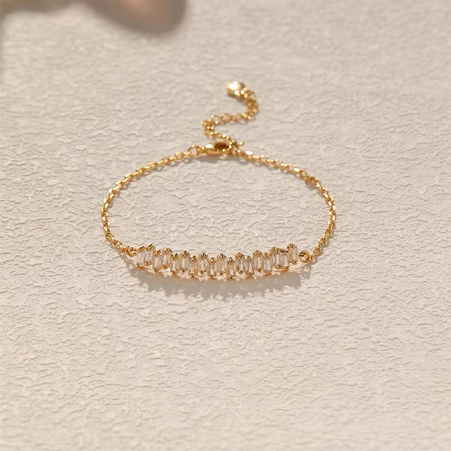 Gold chain bracelet with baguette-cut crystals, delicate and stackable design for everyday sparkle 00035