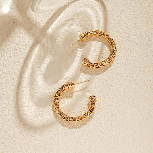 Chunky twisted gold rope hoop earrings with vintage-style braided texture 00054
