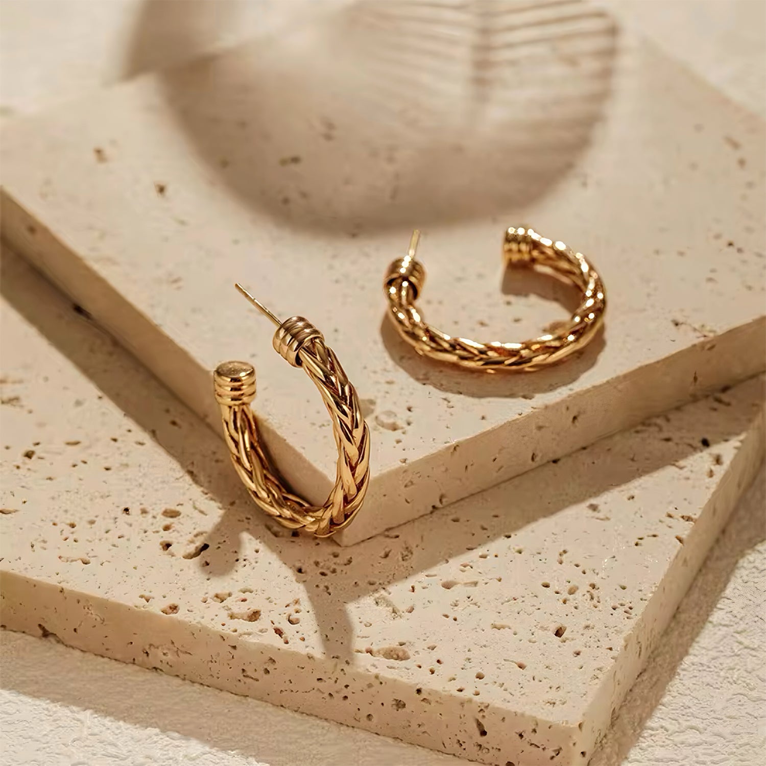 Chunky twisted gold rope hoop earrings with vintage-style braided texture 00056