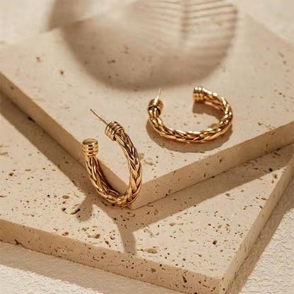 Chunky twisted gold rope hoop earrings with vintage-style braided texture 00056
