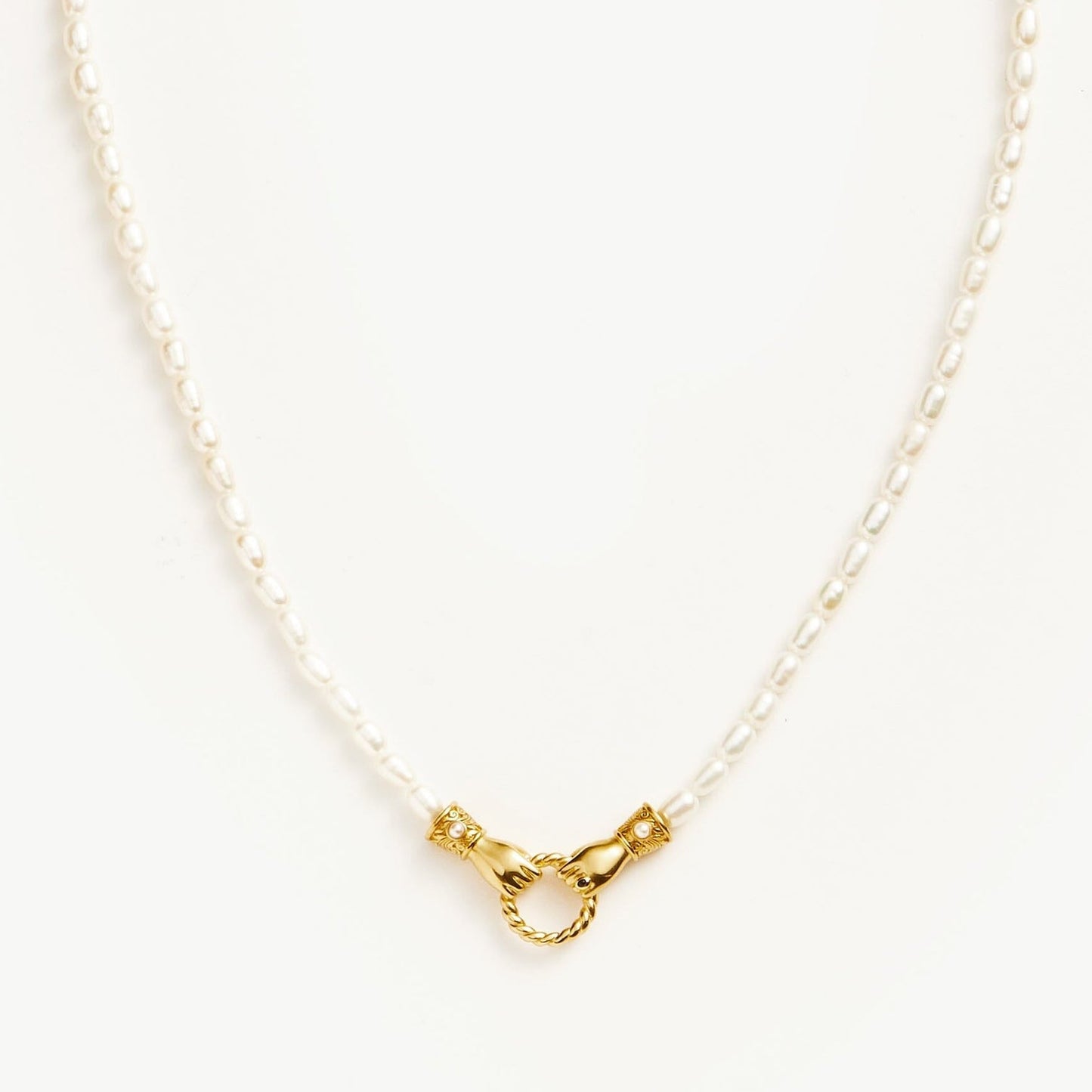 Unity Pearl Bracelet with clasped hands pendant and freshwater pearls, symbolizing trust and connection — designed by MiaPromise