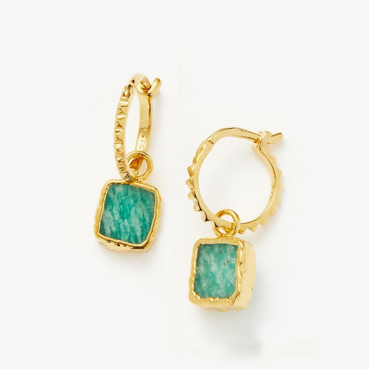 Gold hoop earrings with rectangular green gemstone drops – nature-inspired jewelry by MiaPromise.