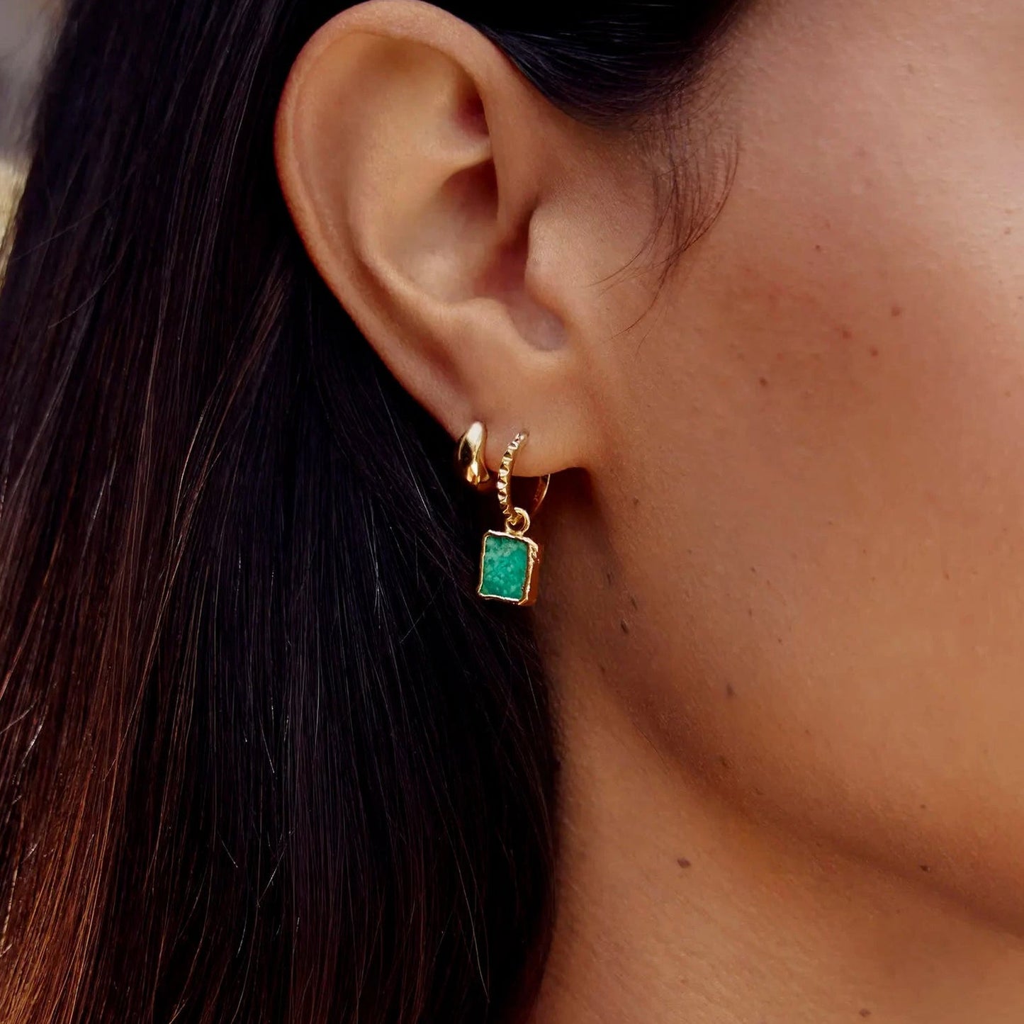 Gold hoop earrings with rectangular green gemstone drops – nature-inspired jewelry by MiaPromise.