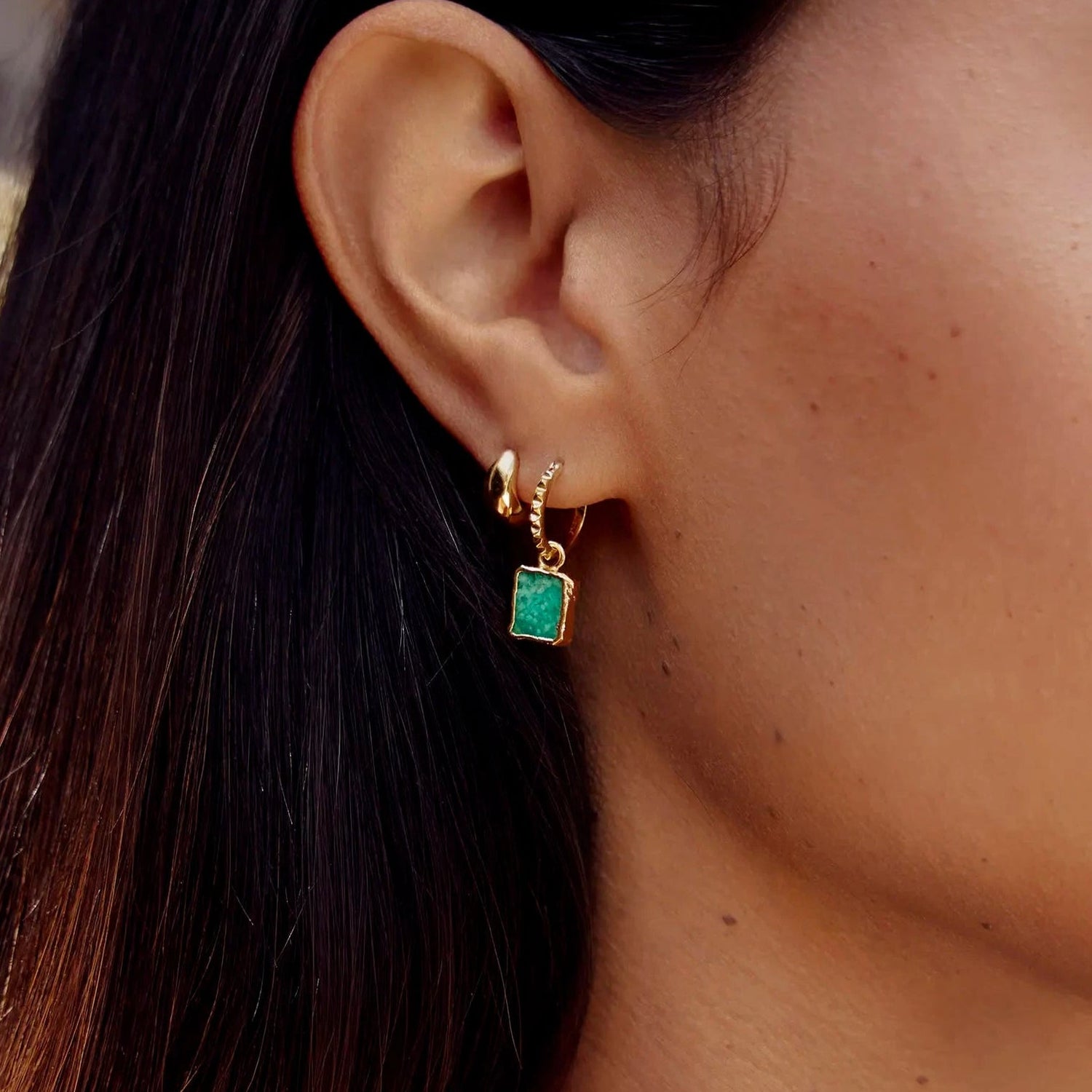Gold hoop earrings with rectangular green gemstone drops – nature-inspired jewelry by MiaPromise.