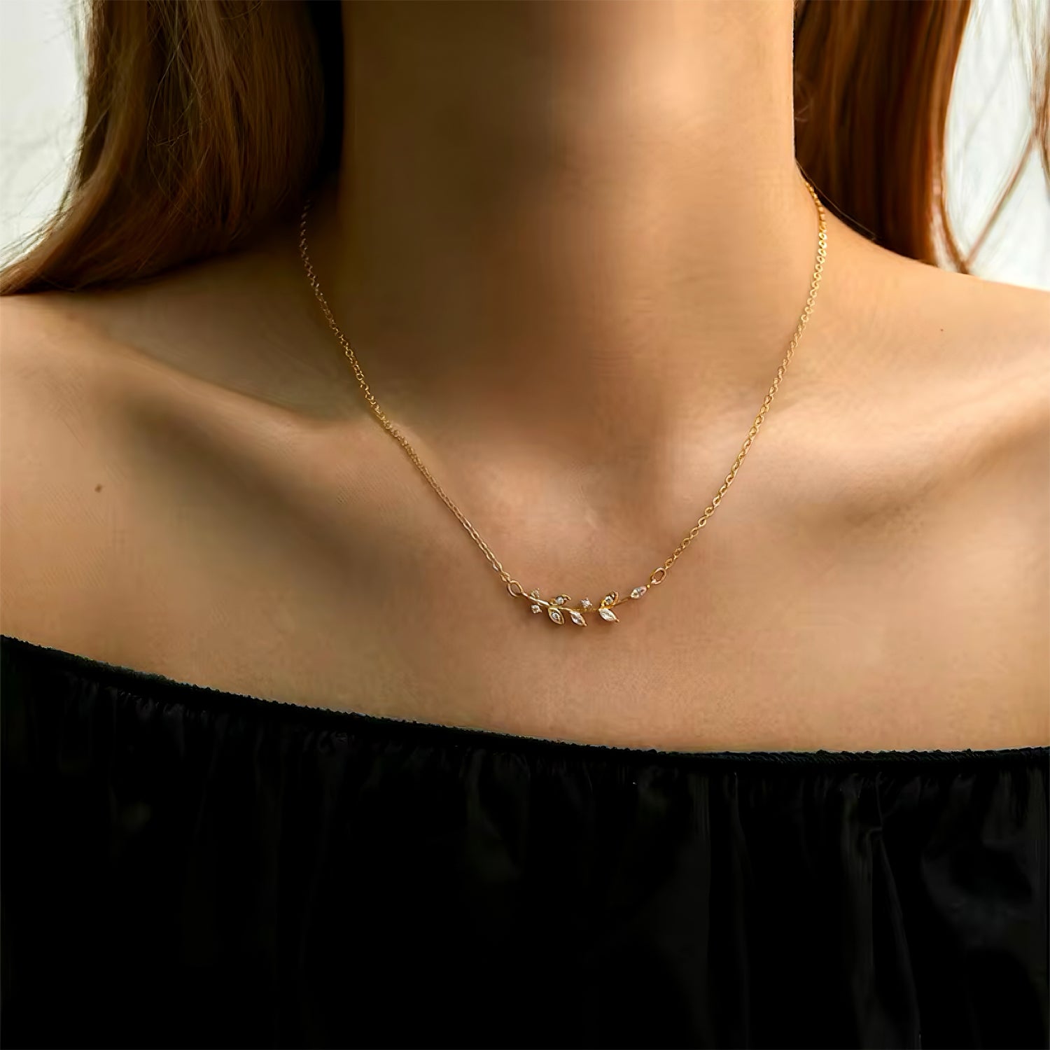 Vine Whisper Necklace – gold vine design with crystal leaf accents, delicate nature-inspired jewelry by Mia Promise 00089